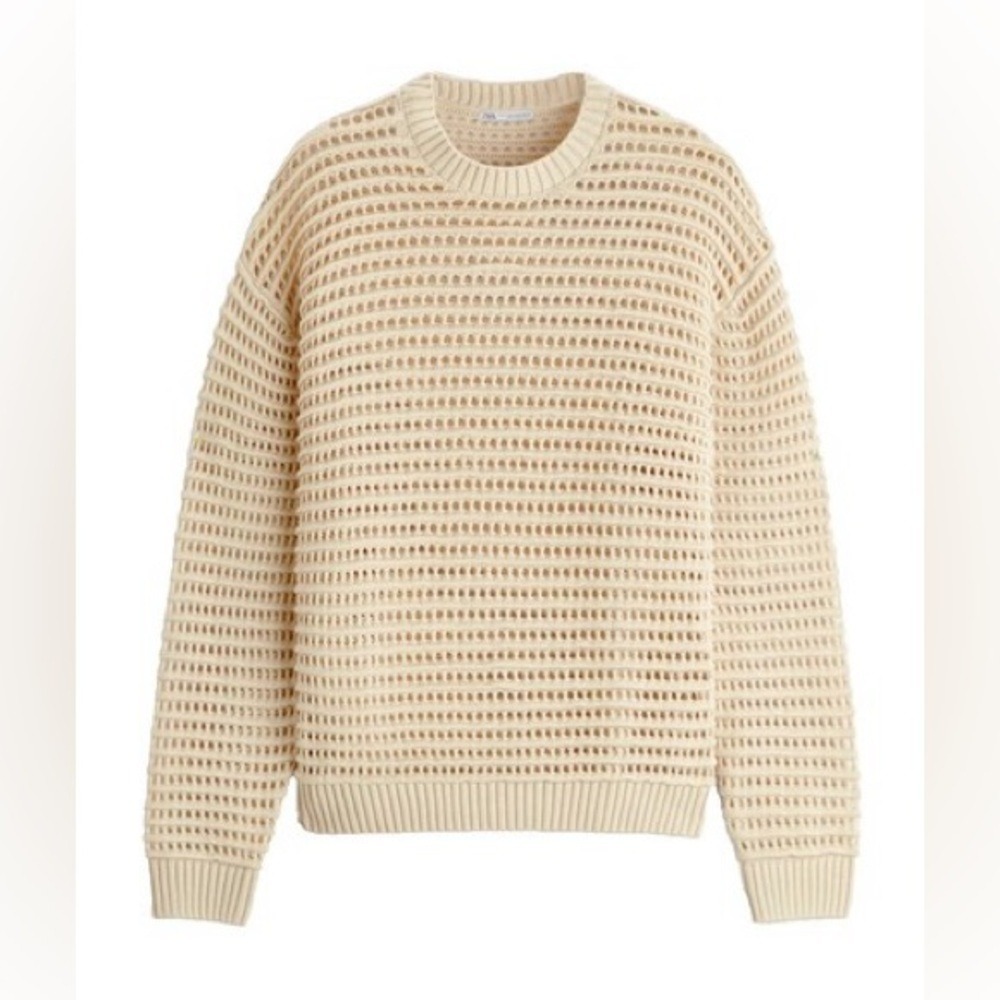 ZARA Women's Oversized Open Knit Cotton Sweater in Beige, S/M (fits up to XL)